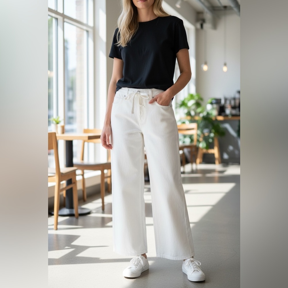 Banana Republic Slouchy Straight Cream Wide-Leg Drawstring Jeans